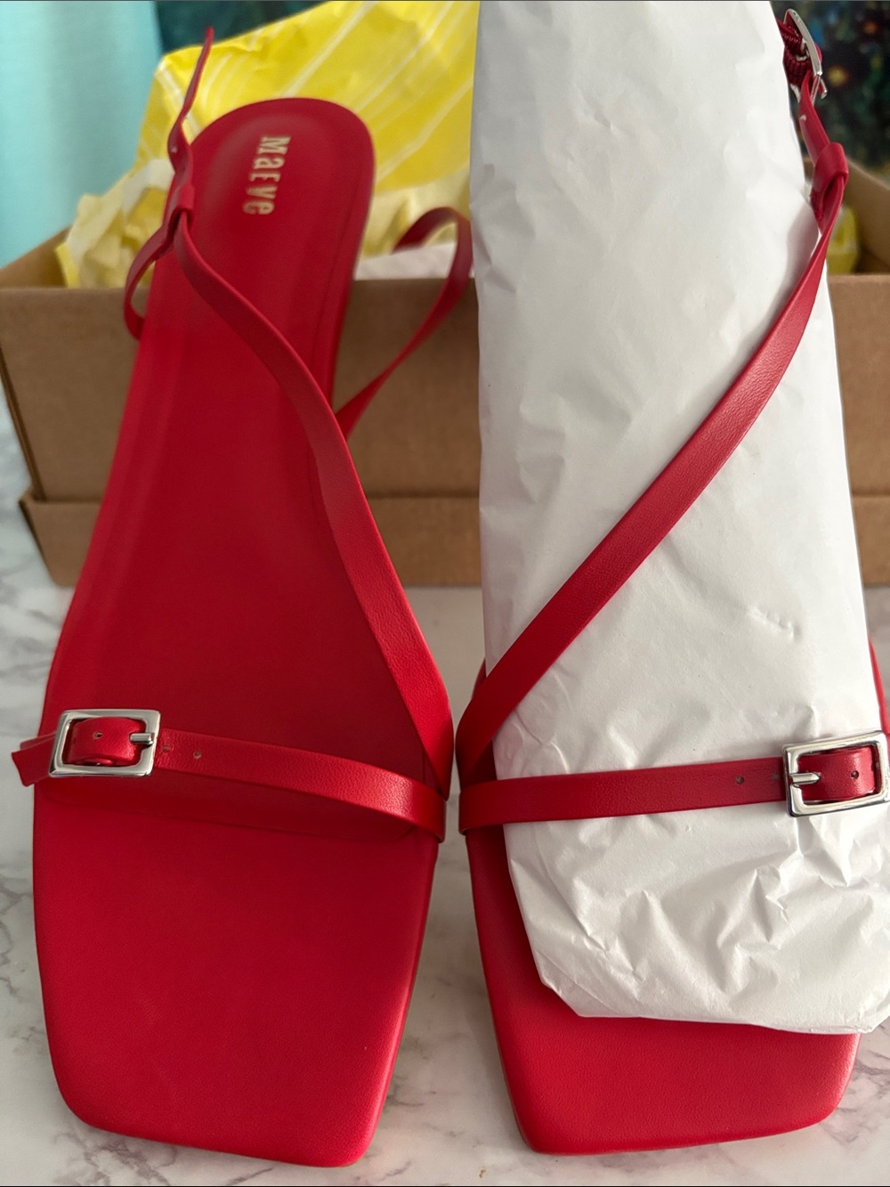 Maeve Red Strappy Square-Toe Slingback Sandals